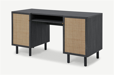 Pavia Wide Desk, Natural Rattan  Black Wood Effect